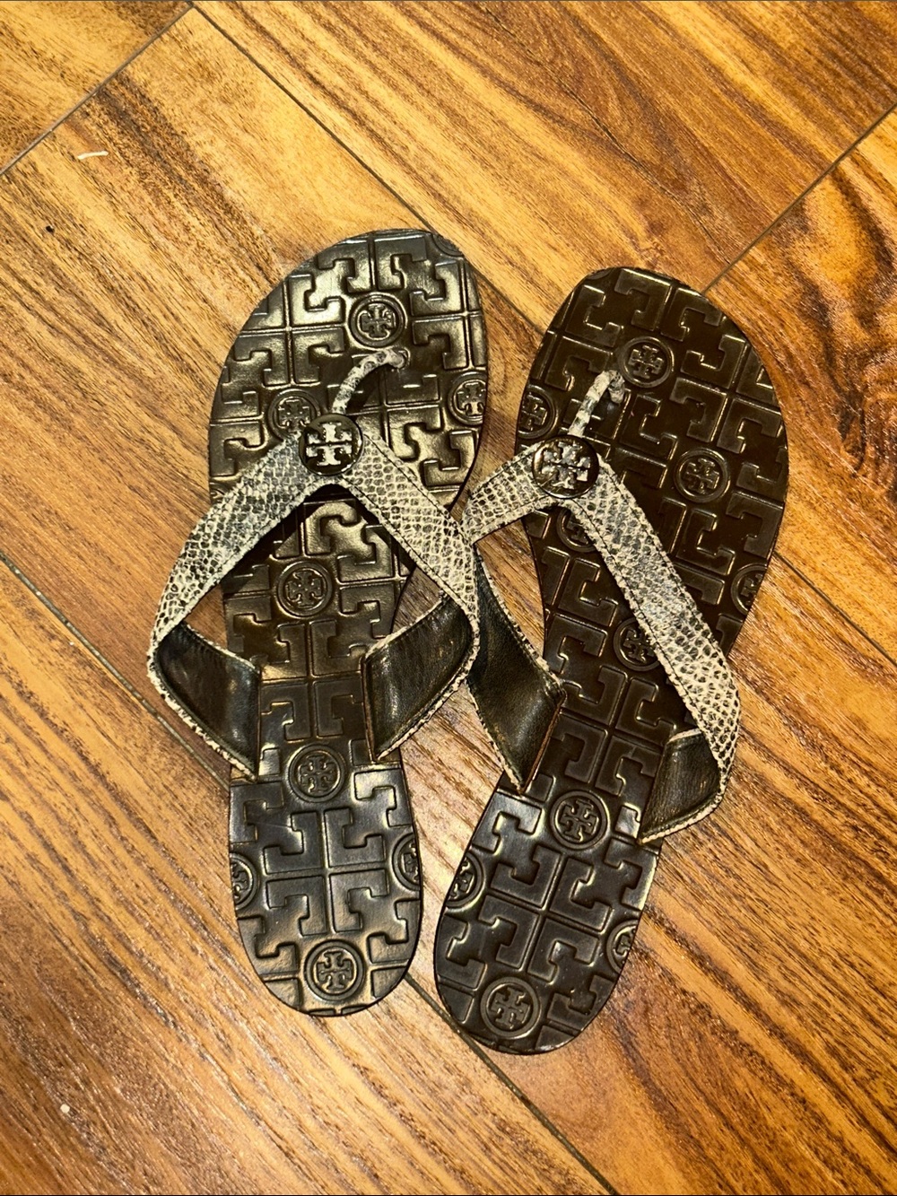 Tory Burch Black Footbed Flip Flops with Snake-Print Straps
